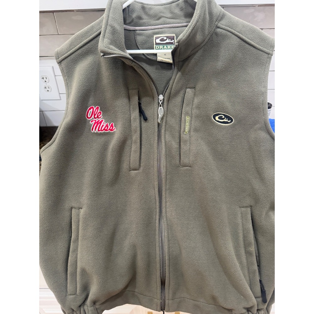 Drake Waterfowl Ole Miss Rebels Fleece Vest Mens XL Olive Green Full Zip Pockets